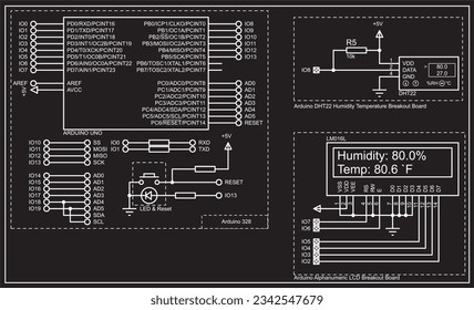 Vector electronic circuit for measuring humidity and 
temperature with 
using a sensor chip connected to the 
arduino board.
 Measurement results are displayed on 
the screen 
of alphanumeric display.