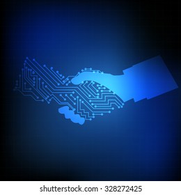 Vector : Electronic circuit on hand shaking on blue background