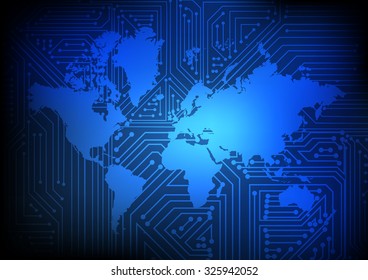 Vector : Electronic circuit on world map on blue background