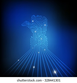 Vector : Electronic circuit in thumb up hand on blue technology background