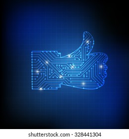 Vector : Electronic circuit in thumb up hand on blue technology background