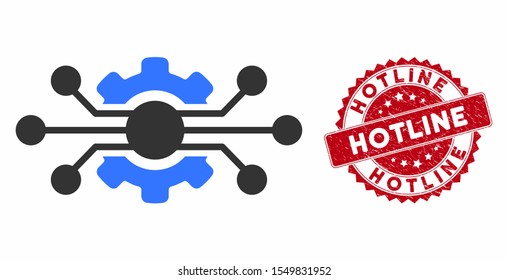 Vector electronic cog icon and grunge round stamp seal with Hotline text. Flat electronic cog icon is isolated on a white background. Hotline stamp seal uses red color and distress design.