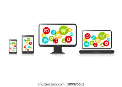 Vector electronic devices with colorful multimedia icons