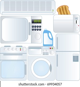 Vector de dispositivos electrónicos, Solicitantes domésticos, lavadora, nevera, tostadora, aire acondicionado, microondas. Un conjunto de adorables y coloridas colecciones de iconos aislados en fondo blanco