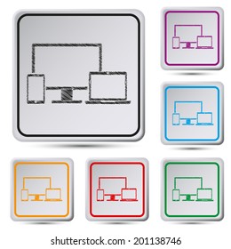 Vector Electronic Devices with White Screens - Electronic devices with white, shiny screens isolated on white background; desktop computer, laptop, tablet and mobile phones. 
