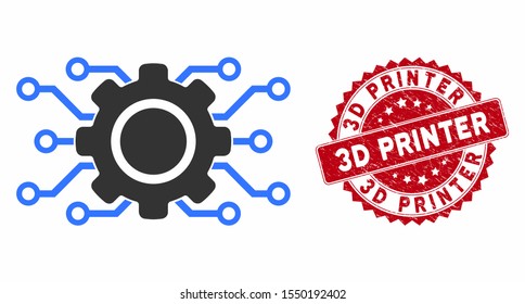 Vector electronic gearwheel icon and rubber round stamp seal with 3D Printer phrase. Flat electronic gearwheel icon is isolated on a white background.