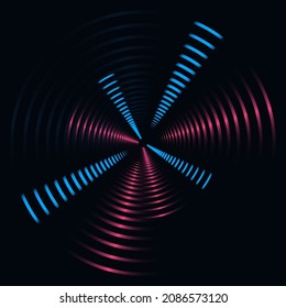 Bordes electrónicos vectoriales de color azul claro y rosa sobre fondo negro. Resumen de círculos futuristas concepto de música de fondo digital tecnológica. Ilustración del vector