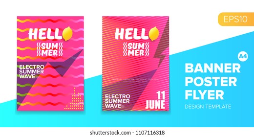 Vector electronic music summer party poster background  Pink club party flyer or creative banner with abstract waves and fresh lemon. Hello summer party design template