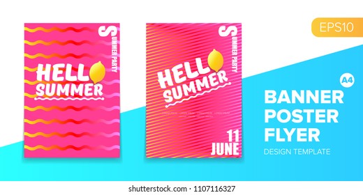 Vector electronic music summer party poster background  Pink club party flyer or creative banner with abstract waves and fresh lemon. Hello summer party design template