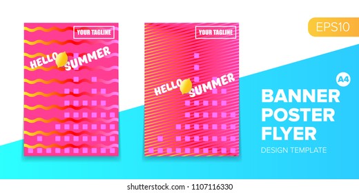 Vector electronic music summer party poster background  Pink club party flyer or creative banner with abstract waves and fresh lemon. Hello summer party design template