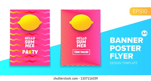 Vector electronic music summer party poster background  Pink club party flyer or creative banner with abstract waves and fresh lemon. Hello summer party design template