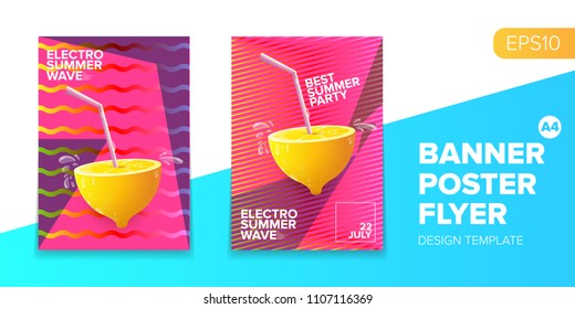 Vector electronic music summer party poster background  Pink club party flyer or creative banner with abstract waves and fresh lemon. Hello summer party design template