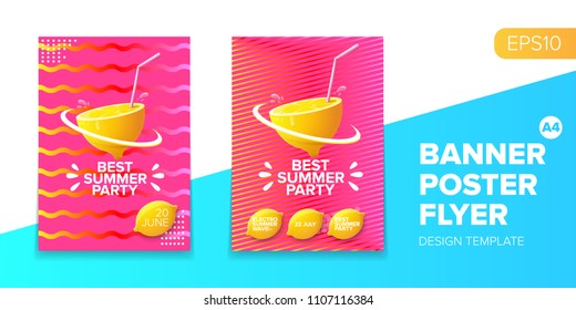 Vector electronic music summer party poster background  Pink club party flyer or creative banner with abstract waves and fresh lemon. Hello summer party design template