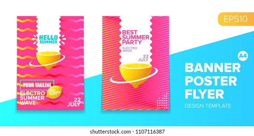 Vector electronic music summer party poster background  Pink club party flyer or creative banner with abstract waves and fresh lemon. Hello summer party design template