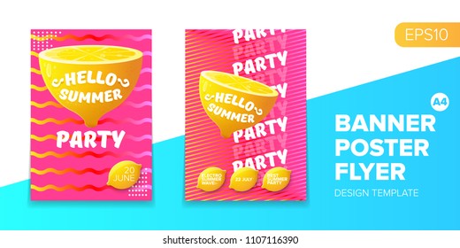 Vector electronic music summer party poster background  Pink club party flyer or creative banner with abstract waves and fresh lemon. Hello summer party design template