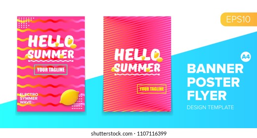 Vector electronic music summer party poster background  Pink club party flyer or creative banner with abstract waves and fresh lemon. Hello summer party design template