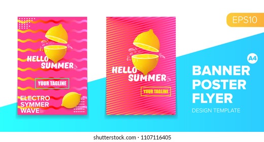 Vector electronic music summer party poster background  Pink club party flyer or creative banner with abstract waves and fresh lemon. Hello summer party design template