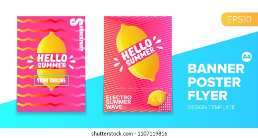 Vector electronic music summer party poster background  Pink club party flyer or creative banner with abstract waves and fresh lemon. Hello summer party design template