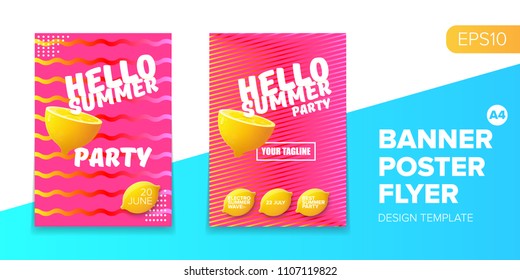Vector electronic music summer party poster background  Pink club party flyer or creative banner with abstract waves and fresh lemon. Hello summer party design template
