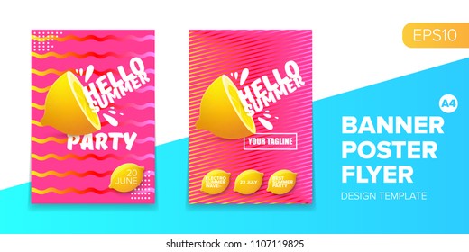 Vector electronic music summer party poster background  Pink club party flyer or creative banner with abstract waves and fresh lemon. Hello summer party design template