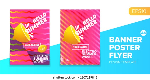Vector electronic music summer party poster background  Pink club party flyer or creative banner with abstract waves and fresh lemon. Hello summer party design template