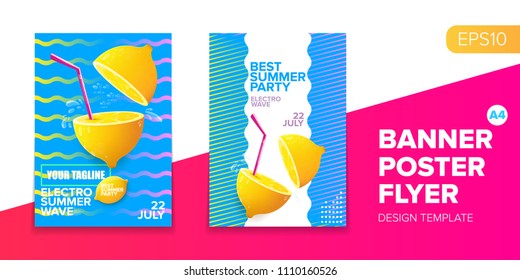 Vector electronic music summer party poster background. club party flyer or creative banner with abstract waves and fresh lemon. Hello summer party design template
