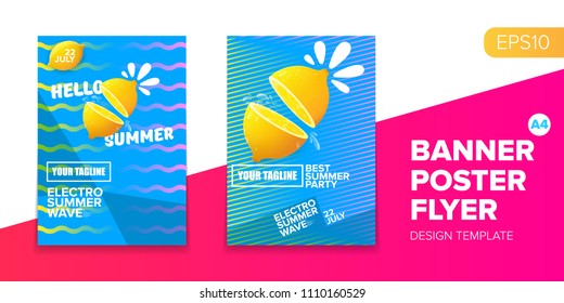 Vector electronic music summer party poster background. club party flyer or creative banner with abstract waves and fresh lemon. Hello summer party design template
