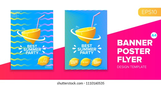 Vector electronic music summer party poster background. club party flyer or creative banner with abstract waves and fresh lemon. Hello summer party design template