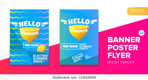 Vector electronic music summer party poster background. club party flyer or creative banner with abstract waves and fresh lemon. Hello summer party design template
