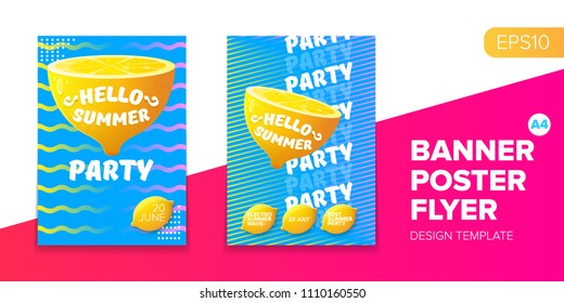 Vector electronic music summer party poster background. club party flyer or creative banner with abstract waves and fresh lemon. Hello summer party design template