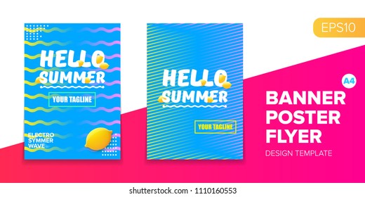 Vector electronic music summer party poster background. club party flyer or creative banner with abstract waves and fresh lemon. Hello summer party design template