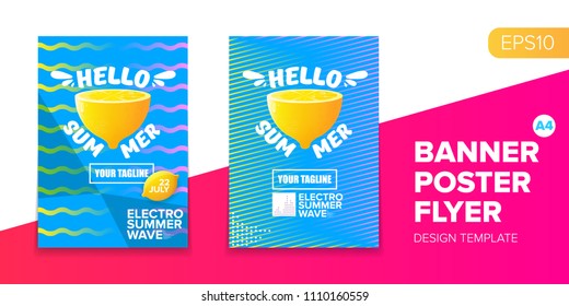 Vector electronic music summer party poster background. club party flyer or creative banner with abstract waves and fresh lemon. Hello summer party design template