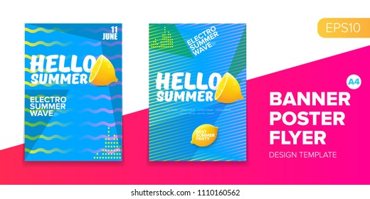 Vector electronic music summer party poster background. club party flyer or creative banner with abstract waves and fresh lemon. Hello summer party design template