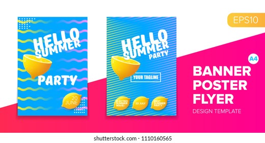 Vector electronic music summer party poster background. club party flyer or creative banner with abstract waves and fresh lemon. Hello summer party design template