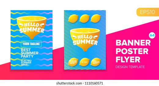 Vector electronic music summer party poster background. club party flyer or creative banner with abstract waves and fresh lemon. Hello summer party design template