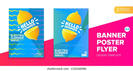 Vector electronic music summer party poster background. club party flyer or creative banner with abstract waves and fresh lemon. Hello summer party design template