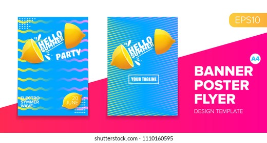 Vector electronic music summer party poster background. club party flyer or creative banner with abstract waves and fresh lemon. Hello summer party design template