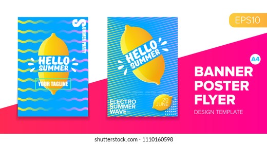 Vector electronic music summer party poster background. club party flyer or creative banner with abstract waves and fresh lemon. Hello summer party design template