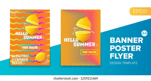 Vector electronic music summer party poster background. club party flyer or creative banner with abstract waves and fresh lemon. Hello summer party design template