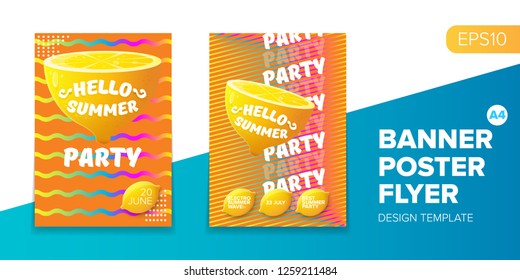 Vector electronic music summer party poster background. club party flyer or creative banner with abstract waves and fresh lemon. Hello summer party design template