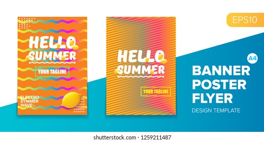 Vector electronic music summer party poster background. club party flyer or creative banner with abstract waves and fresh lemon. Hello summer party design template