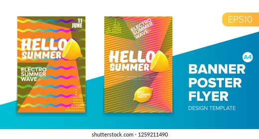 Vector electronic music summer party poster background. club party flyer or creative banner with abstract waves and fresh lemon. Hello summer party design template