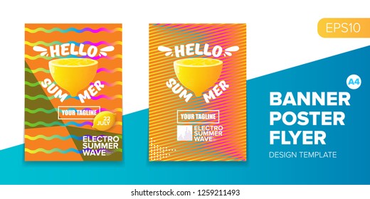 Vector electronic music summer party poster background. club party flyer or creative banner with abstract waves and fresh lemon. Hello summer party design template