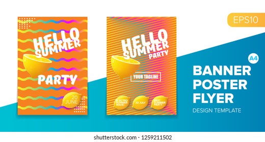 Vector electronic music summer party poster background. club party flyer or creative banner with abstract waves and fresh lemon. Hello summer party design template