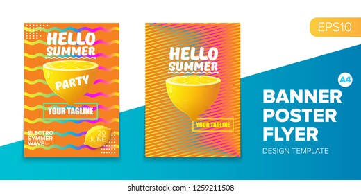 Vector electronic music summer party poster background. club party flyer or creative banner with abstract waves and fresh lemon. Hello summer party design template