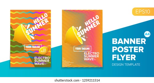 Vector electronic music summer party poster background. club party flyer or creative banner with abstract waves and fresh lemon. Hello summer party design template