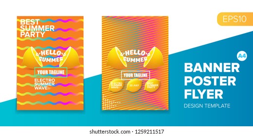 Vector electronic music summer party poster background. club party flyer or creative banner with abstract waves and fresh lemon. Hello summer party design template