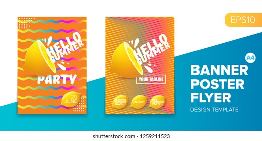 Vector electronic music summer party poster background. club party flyer or creative banner with abstract waves and fresh lemon. Hello summer party design template