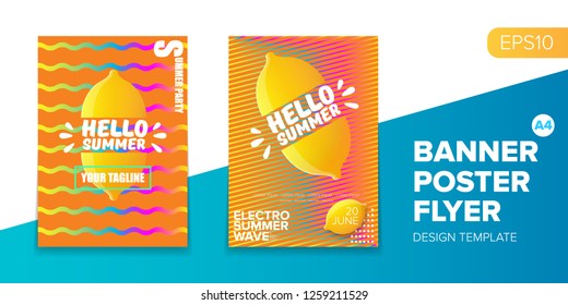 Vector electronic music summer party poster background. club party flyer or creative banner with abstract waves and fresh lemon. Hello summer party design template