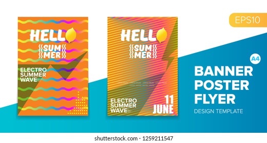 Vector electronic music summer party poster background. club party flyer or creative banner with abstract waves and fresh lemon. Hello summer party design template